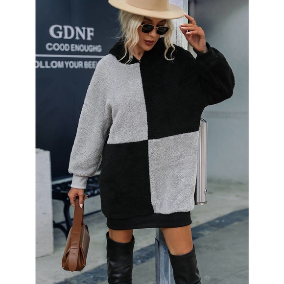 Color Block Teddy Hoodie Dress - Picture 1 of 4